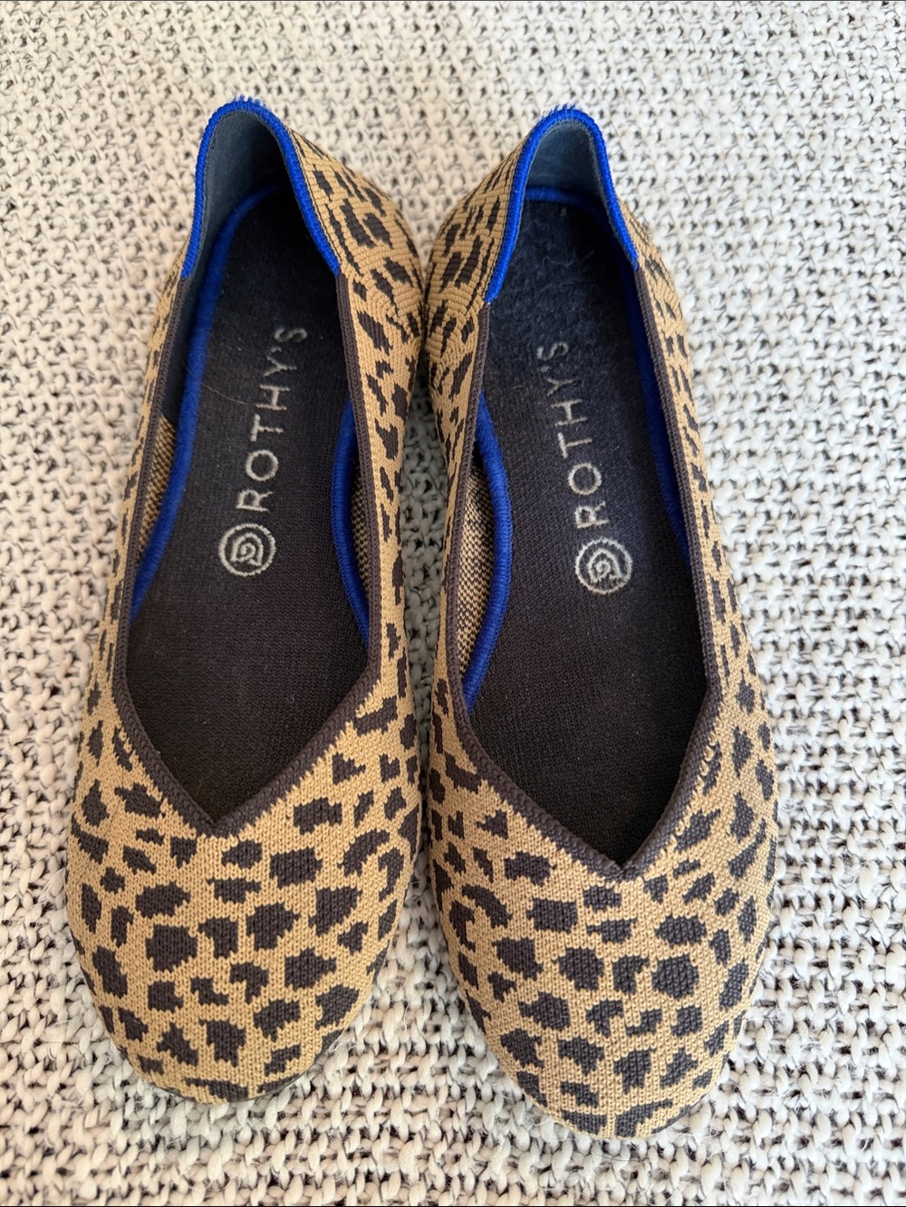 Rothy's Round Toe cheetah Knit Flats in Brown with Blue Trim